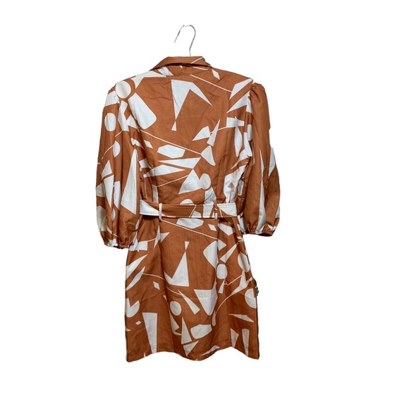 NWT Passion Fusion Tan Geometric Print Midi Shirt Dress w/ Puff Sleeves - Size 8 - Picture 3 of 7